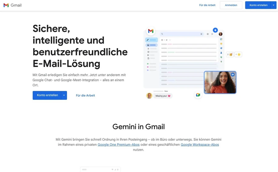 Gmail-Landingpage mit Überschrift, blauem Button 'Konto erstellen' und kleinem Video-Chatfenster unten rechts.
