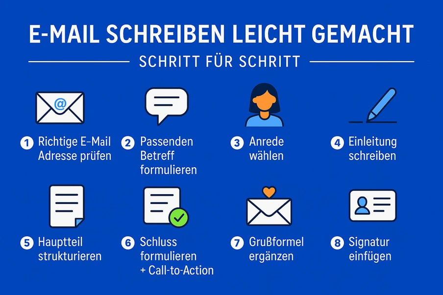 Blauer Hintergrund, acht E-Mail-Schritte mit Symbolen: Adresse prüfen, Betreff, Anrede, Einleitung, Hauptteil, Signatur.