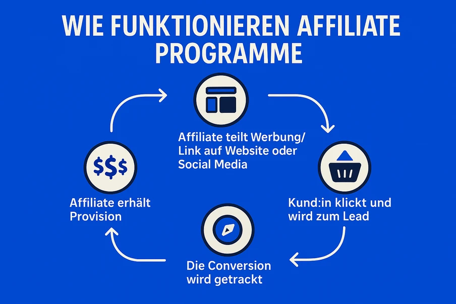 Blaues Infografik-Diagramm mit vier Symbolen im Kreis und Pfeilen; Überschrift WIE FUNKTIONIEREN AFFILIATE PROGRAMME
