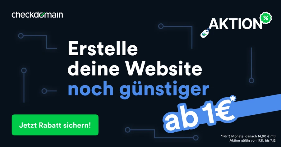 Dunkler Banner mit Checkdomain-Logo links, grüne Schaltfläche Jetzt Rabatt sichern und blaues Band ab 1€.