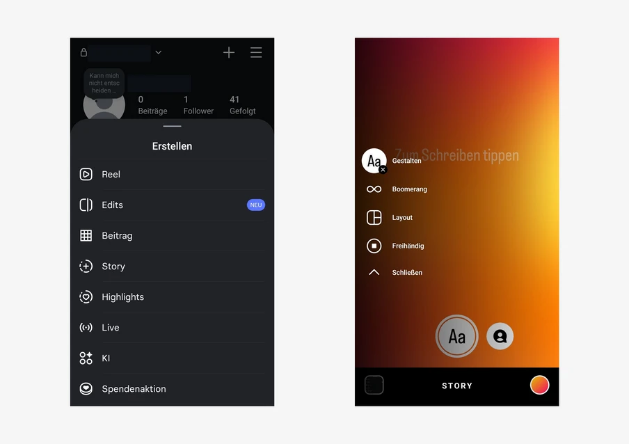 Zwei Smartphone-Bildschirme: links dunkles Menü mit Reels/Story/Beitrag; rechts Gradient-Story-Editor mit Aa-Taste.