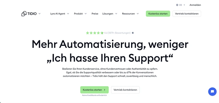 Screenshot der Tidio-Startseite: Logo, Navigationsleiste, große Überschrift zu Automatisierung, grüner CTA Kostenlos starten