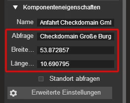 UI-Fenster mit Abfrage 'Checkdomain Große Burg', Breite 53.872857, Länge 10.690795.