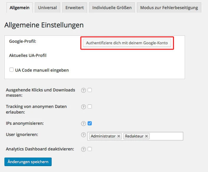 Allgemeine Einstellungen; Google-Profil: Authentifiziere dich mit deinem Google-Konto; IPs anonymisieren; User ignorieren