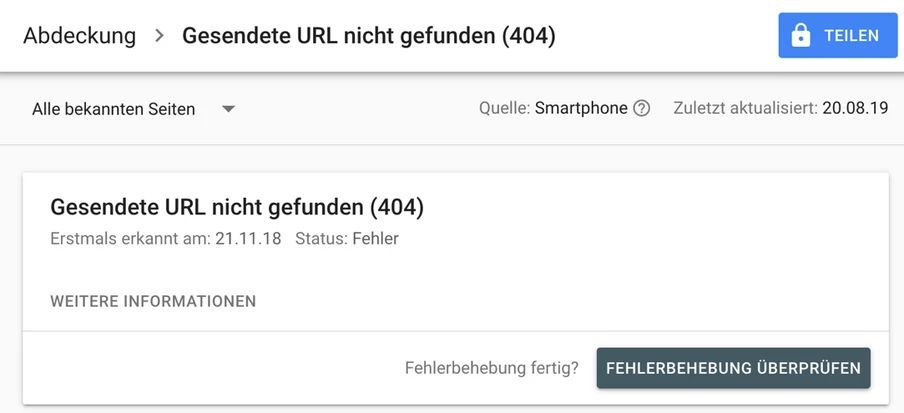 Abbildung 2: Fehlerbehebung durch die Search Console prüfen lassen
