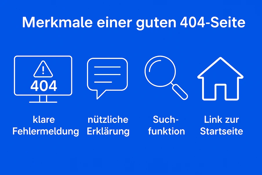 Blauer Hintergrund mit vier weißen Icons: Monitor mit 404, Chat-Sprechblase, Lupe, Haus.