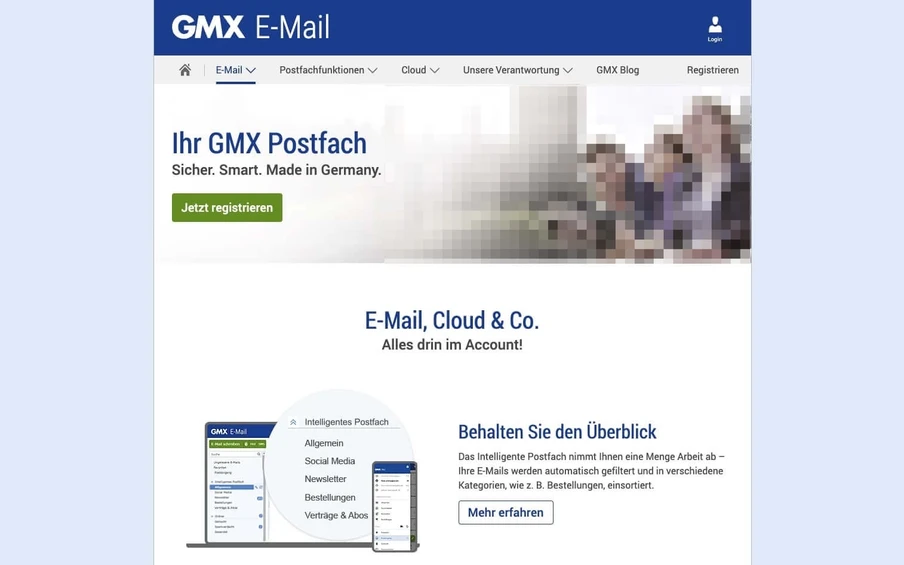 Screenshot einer GMX-E-Mail-Weboberfläche: blauer Header, GMX-Logo, Bannerbild, grüner 'Jetzt registrieren' Button, weiße Fläche.
