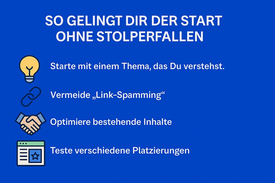 Blauer Hintergrund mit weißem Titel; vier Symbole und Textzeilen: Glühbirne, Link, Handschlag, Webseitensymbol.