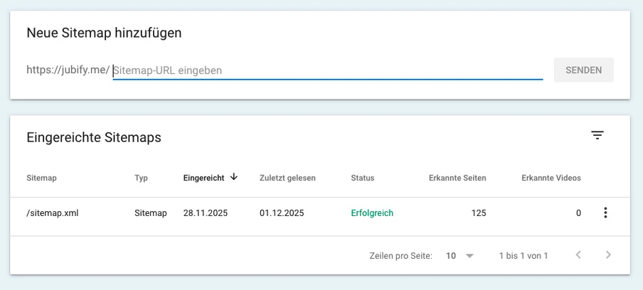 Screenshot einer UI zum Hinzufügen von Sitemaps: URL-Eingabe Senden-Button, /sitemap.xml Status Erfolgreich, 125 Seiten