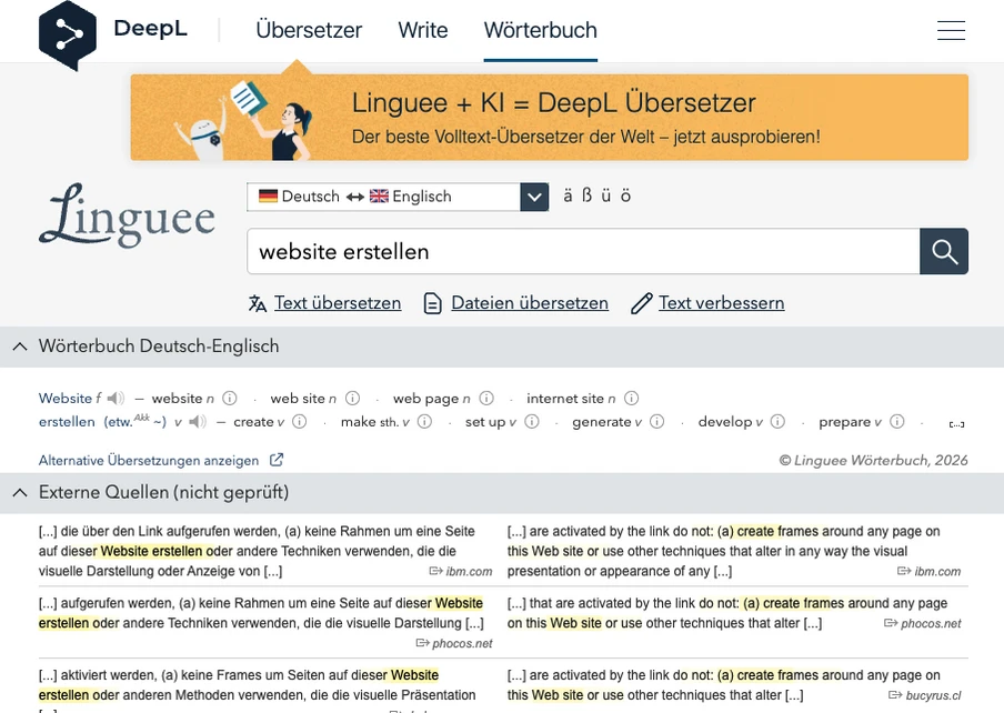 Screenshot einer Linguee-/DeepL-Oberfläche mit Linguee-Logo, orangenen Banner, Suchfeld und Menüzeile.