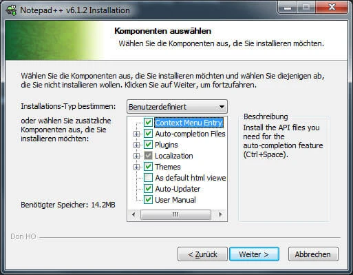 Notepad++ Installationsfenster mit Komponentenliste und Checkboxen, Titel 'Komponenten auswählen'.