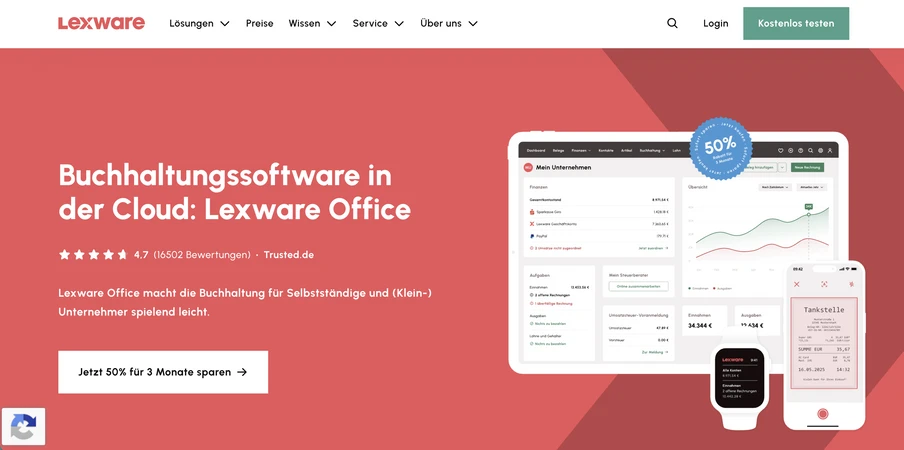 Roter Werbebanner mit Laptop, Tablet und Smartphone, die Dashboards einer Buchhaltungssoftware zeigen; Lexware-Logo oben links.