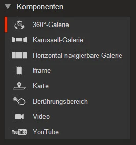 Dunkles Menüfenster mit Überschrift Komponenten; Liste: 360°-Galerie, Karussell-Galerie, Horizontal-Galerie, Iframe, Karte