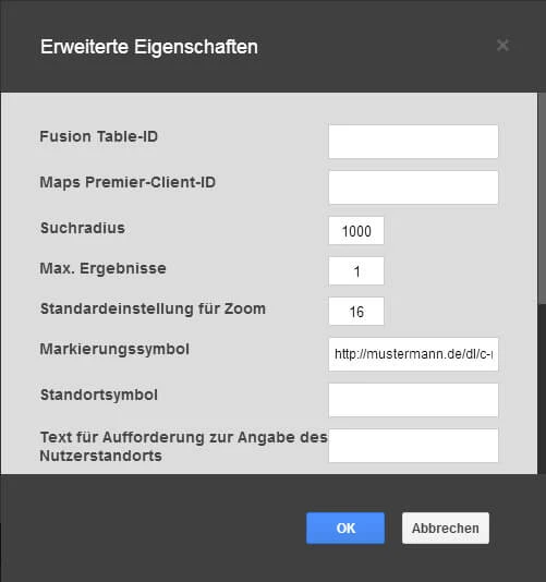 Dialogfenster 'Erweiterte Eigenschaften' mit Feldern; Suchradius 1000, Max. Ergebnisse 1, Zoom 16; OK- und Abbrechen-Buttons.