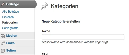 Erster Schritt zur Navigation über Kategorien: Im Dashboard eine neue Kategorie anlegen. Screenshot: S. Cantzler