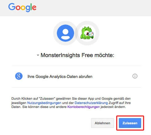 Google-Anmeldeseite mit zwei Profil-Icons; MonsterInsights Free möchte Ihre Google Analytics-Daten abrufen; Ablehnen/Zulassen.