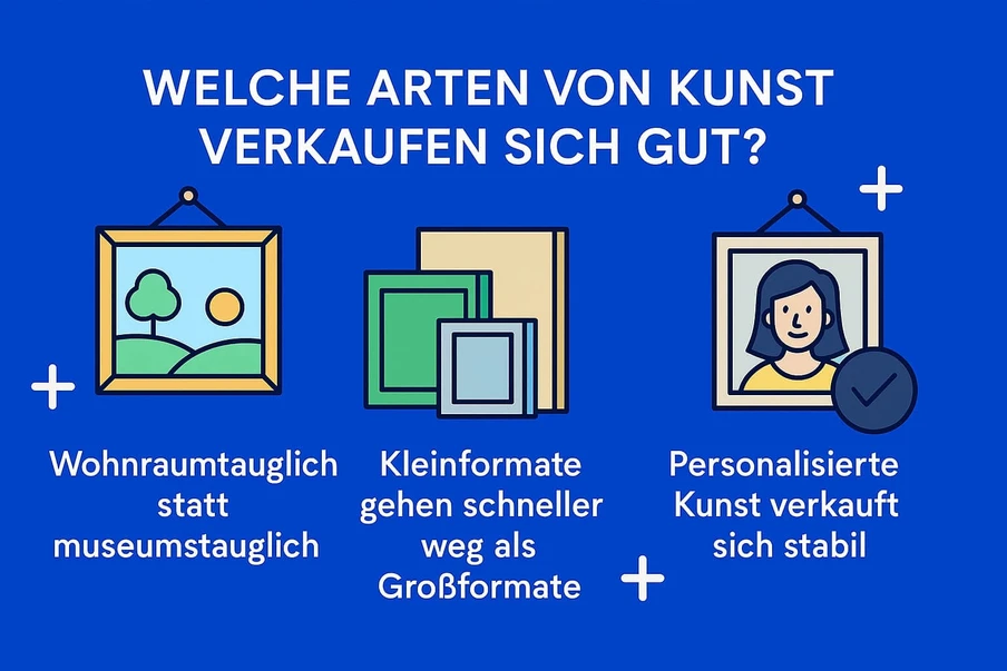 Blauer Hintergrund, weiße Überschrift; drei Grafiken: links Landschaft, Mitte gestapelte Rahmen, rechts Porträt mit Haken.