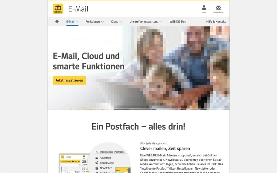 Screenshot einer E-Mail-Webseite mit Banner 'E-Mail, Cloud und smarte Funktionen', gelber Button 'Jetzt registrieren' und Überschrift 'Ein Postfach – alles drin!'