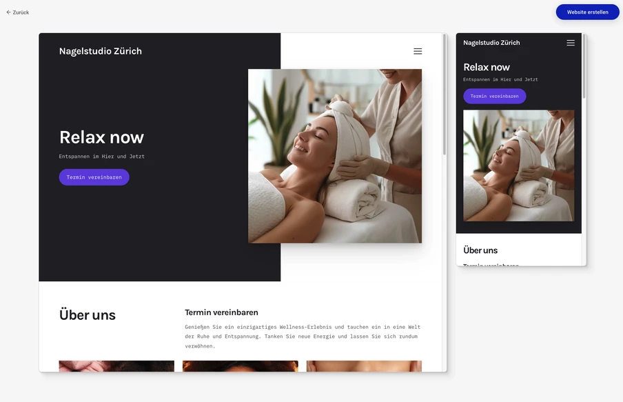 Webseiten-Layout: dunkle linke Spalte mit 'Relax now' und Foto einer entspannten Person bei einer Spa-Behandlung.