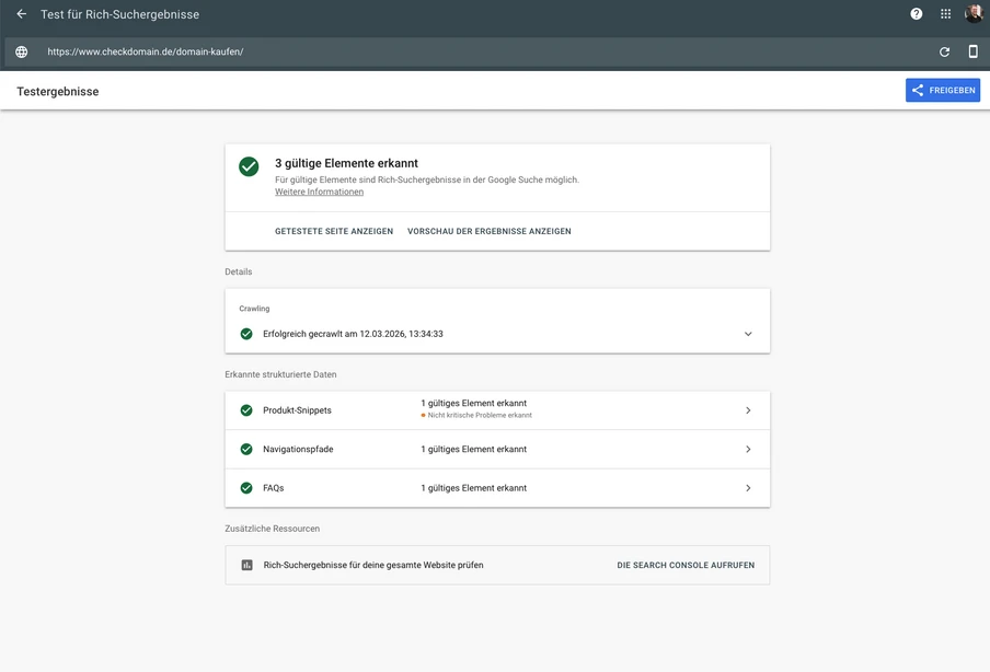 Screenshot eines Browserfensters über einer SEO-Oberfläche mit grünen Haken und dem Text '3 gültige Elemente erkannt'.