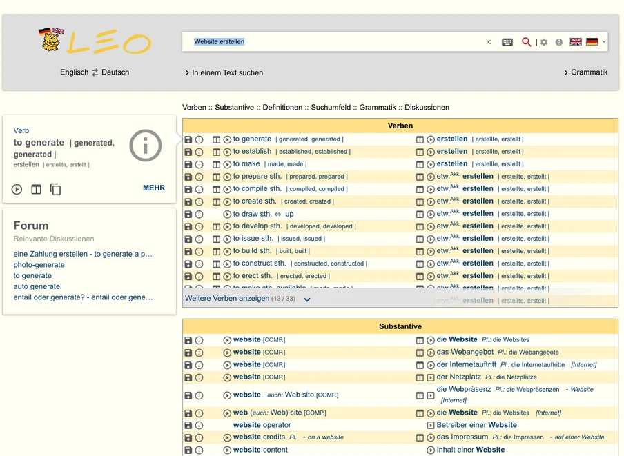 Screenshot einer LEO-Wörterbuchseite: Suchfeld, Logo oben links, Verben- und Substantivlisten in gelben Tabellen.
