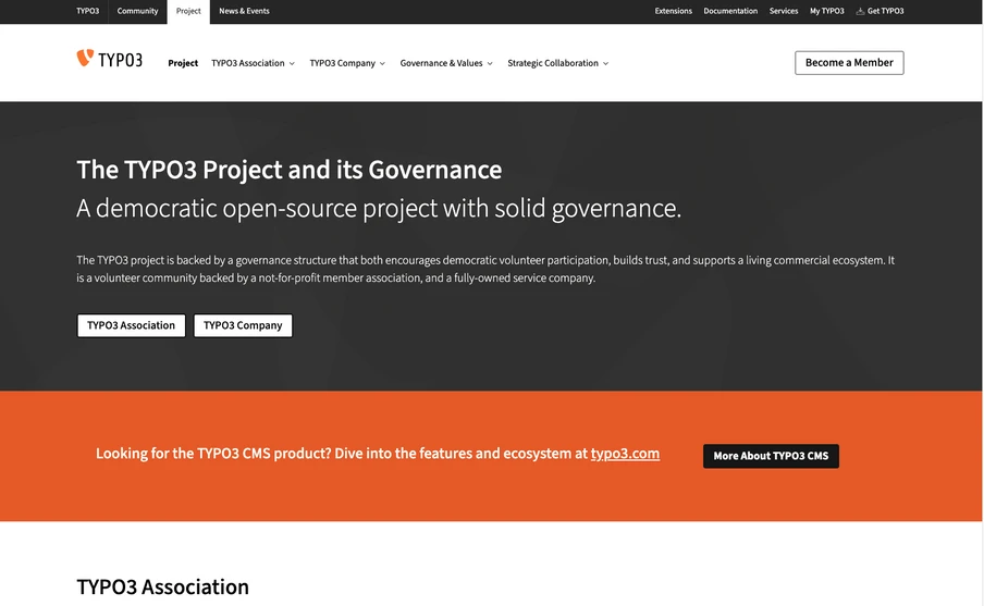 Screenshot einer TYPO3-Website: dunkler Heldenbereich mit Titel 'The TYPO3 Project and its Governance' und zwei Buttons.