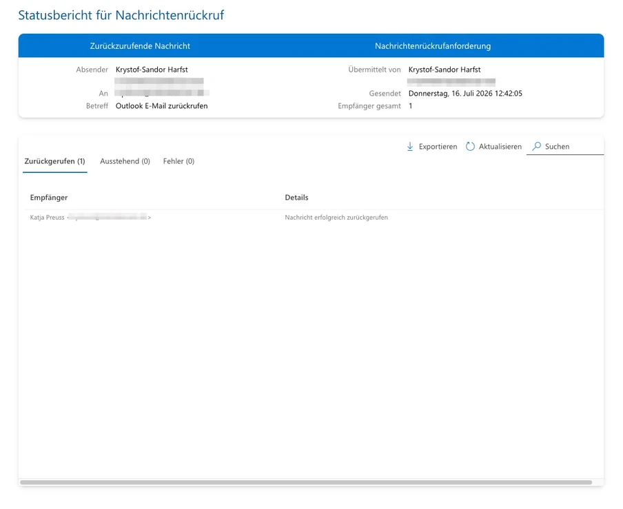 Screenshot eines E-Mail-Rückruf-Interfaces mit blauem Titel 'Statusbericht für Nachrichtenrückruf' und Tabellen.