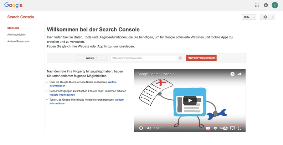 Screenshot der Google Search Console: linkes Menü, Willkommensbereich und rechts Video-Thumbnail.