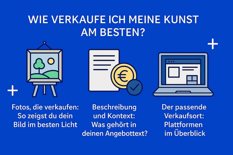 Blaues Infografik-Bild mit drei Symbolen: Malerei auf Staffelei, Dokument mit Münzen, Laptop mit Website.
