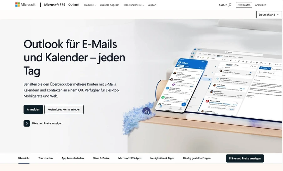 Screenshot einer Microsoft-Seite mit Outlook-Layout; Tablet- und Smartphone-Bildschirme zeigen Outlook.