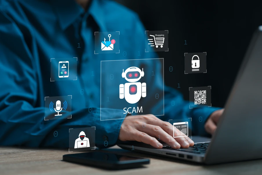 Person tippt auf Laptop; schwebende Symbole um den Bildschirm, zentrales Symbol SCAM mit Roboter.