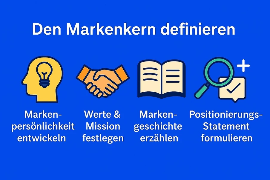 Blauer Hintergrund, Überschrift 'Den Markenkern definieren'; vier Icons: Kopf mit Glühbirne, Handschlag, Buch, Lupe mit Plus.
