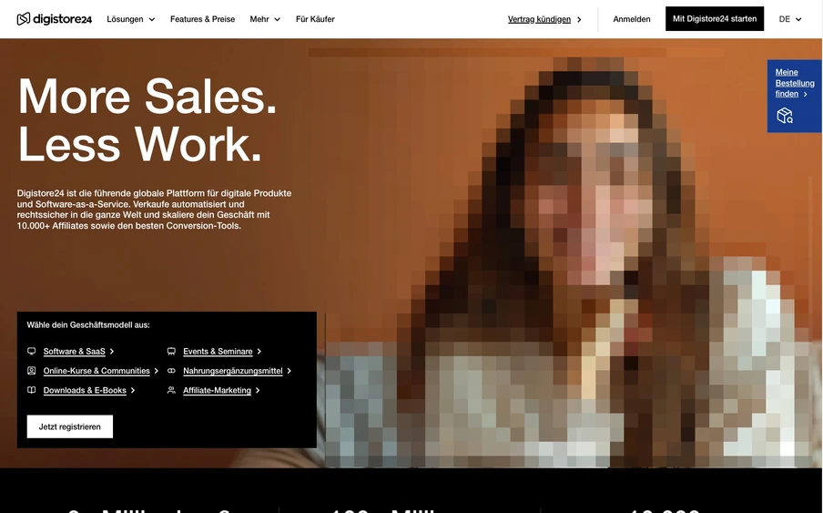 Webseiten-Hero mit braun/orange Hintergrund, links großer Text More Sales. Less rechts unscharfe Person.