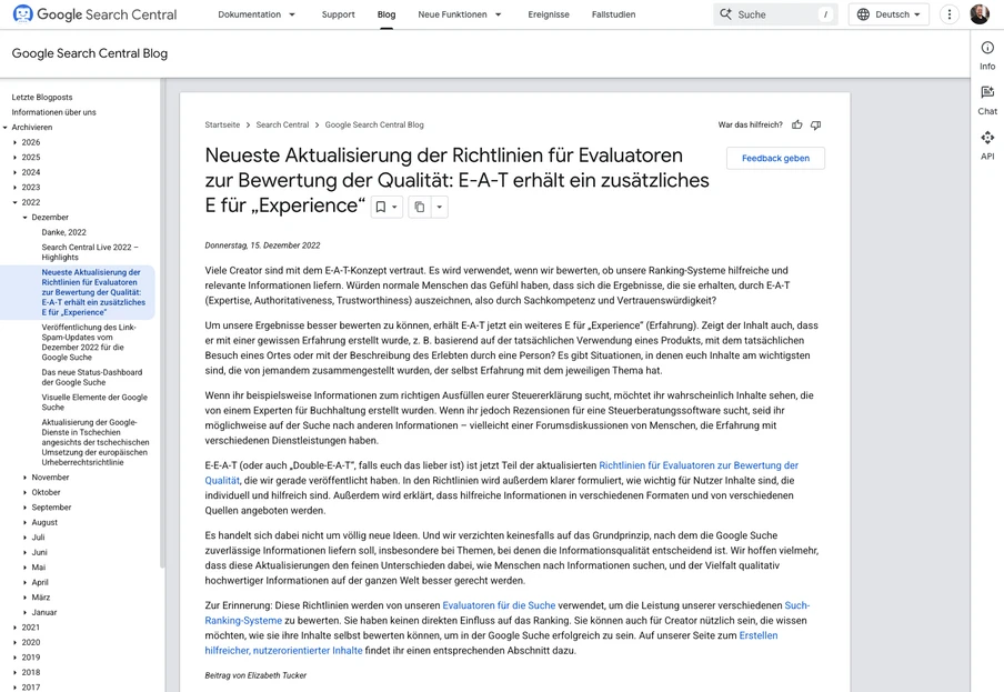 Screenshot eines Bildschirms mit Google Search Central Blog, Titel zur Aktualisierung der E-E-A-T Richtlinien und Experience.
