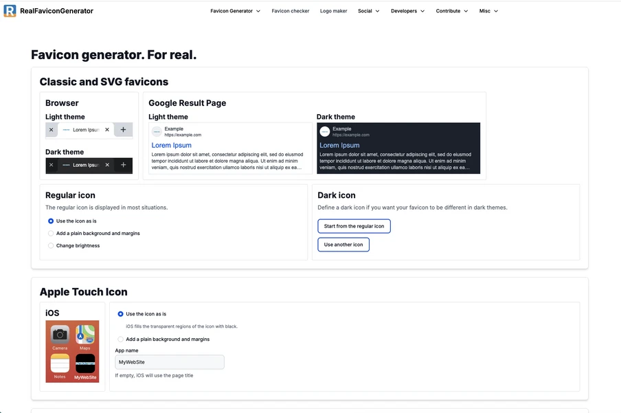 Screenshot der RealFaviconGenerator-Seite mit Classic und SVG Favicons, Light/Dark Theme, Browser-Icons und Apple Touch Icon.