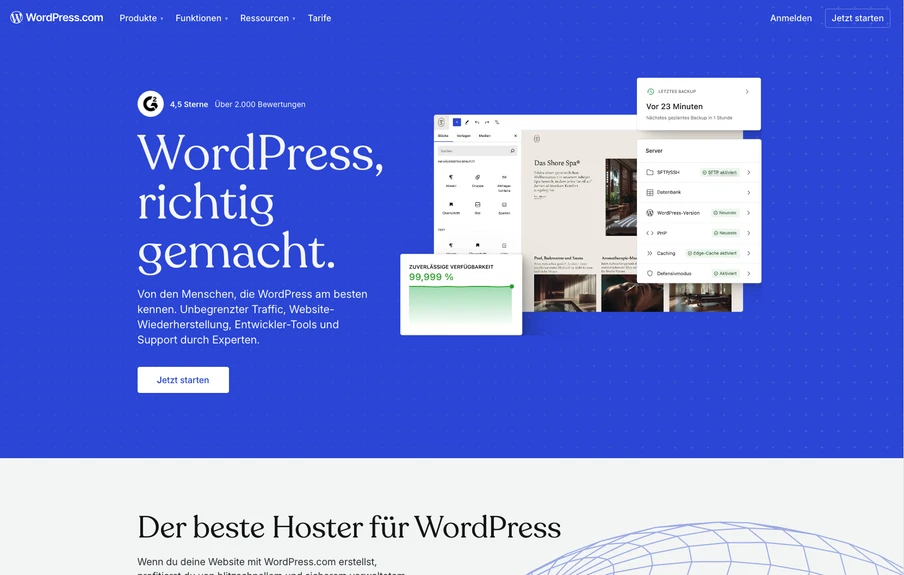 Blauer WordPress-Hero mit weißem Text 'WordPress, richtig gemacht.' links; rechts schwebende UI-Fenster; Button Jetzt starten.