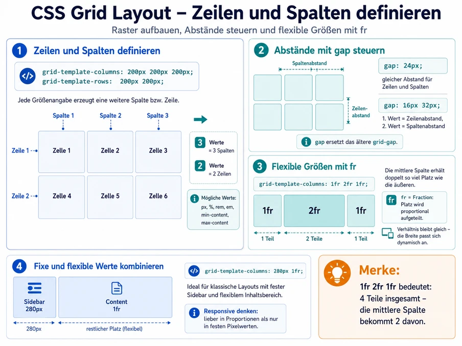 Bild eines Lern-Diagramms zum CSS Grid Layout: Raster mit Zellen 1 bis 6 sowie Beispiel-Spalten- und Zeilen.