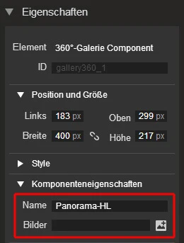 UI-Eigenschaften: 360°-Galerie Component; Name Panorama-HL, Bilder; Position und Größe (Links, Oben, Breite, Höhe).