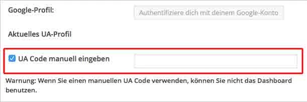 Screenshot: Checkbox 'UA Code manuell eingeben' aktiviert, daneben leeres Eingabefeld; Warnung unten.