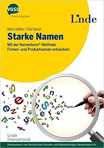 Buchcover mit gelbem Kreis, Titel 'Starke Namen', Untertitel; VGSD- und Linde-Logos; Lupe über bunten Buchstaben, Hand hält sie.