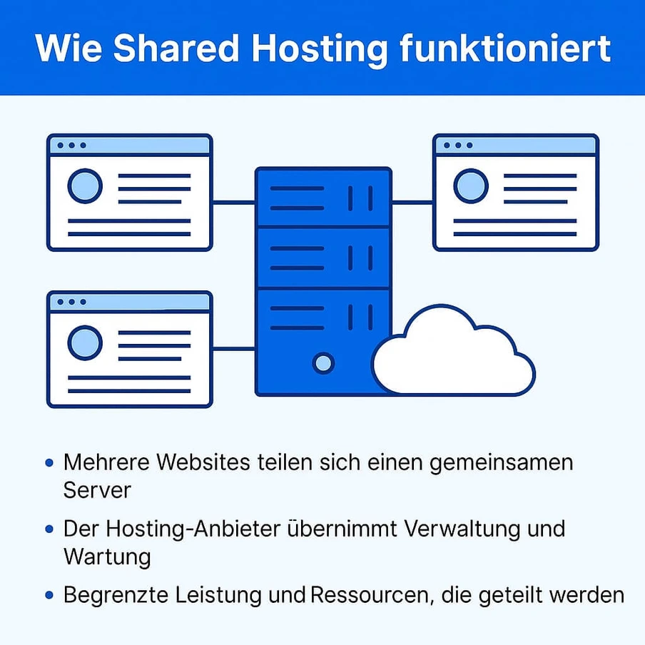 Überschrift: Wie Shared Hosting funktioniert. Zentraler Server mit Verbindungen zu drei Browserfenstern und einer Wolke.