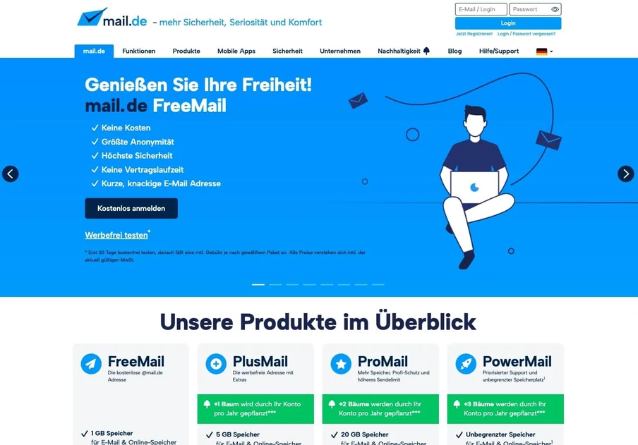 Große blaue Bannerseite mit Illustration eines Mannes am Laptop; Text Genießen Sie Ihre Freiheit! mail.de FreeMail.