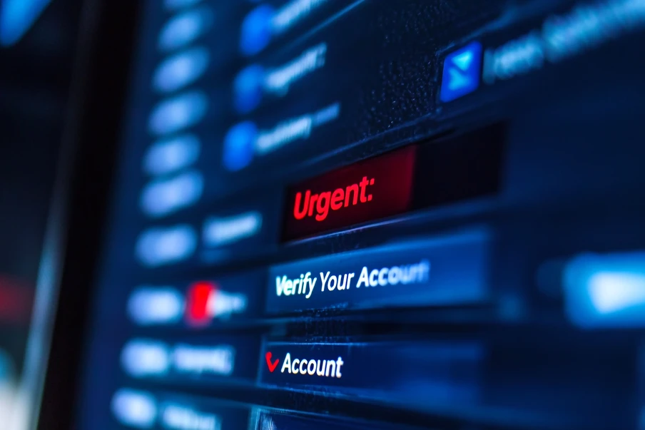 Nahaufnahme eines Computerbildschirms mit blauer Beleuchtung; roter Text 'Urgent:' und weiße Zeile 'Verify Your Account'.