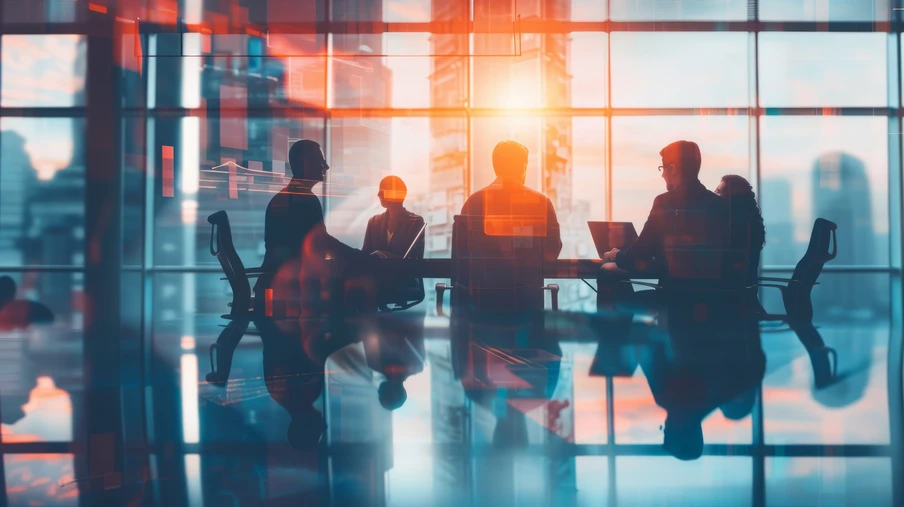 Silhouetten von Personen sitzen um einen Konferenztisch in einem Glasbüro; Sonnenlichtreflexe auf dem Boden.