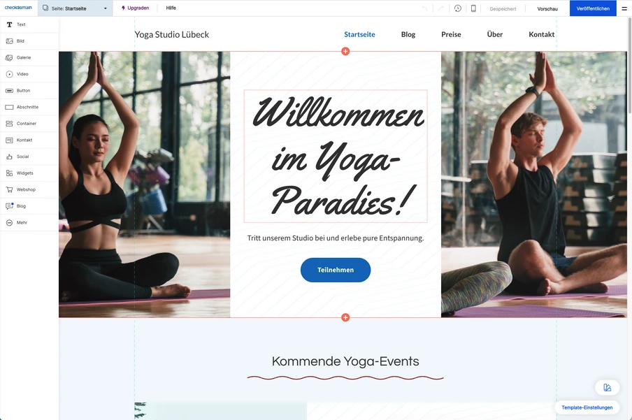 Screenshot einer Yoga-Studio-Website: links und rechts Personen beim Yoga, in der Mitte ein Willkommens-Banner.