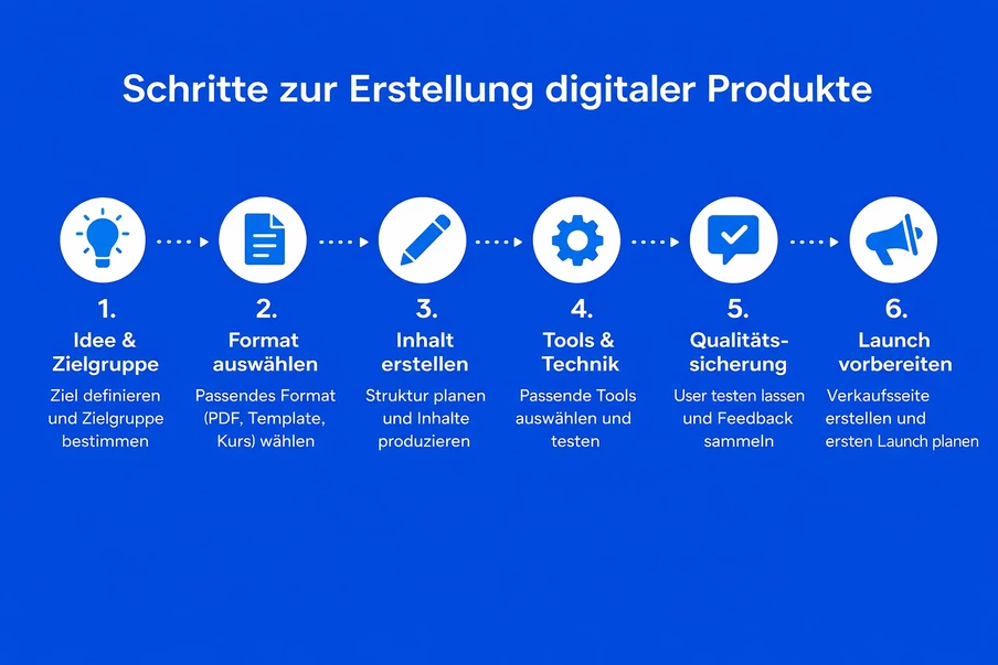 Blauer Hintergrund mit sechs Symbolen und Pfeilen; sechs Schritte zur Erstellung digitaler Produkte.