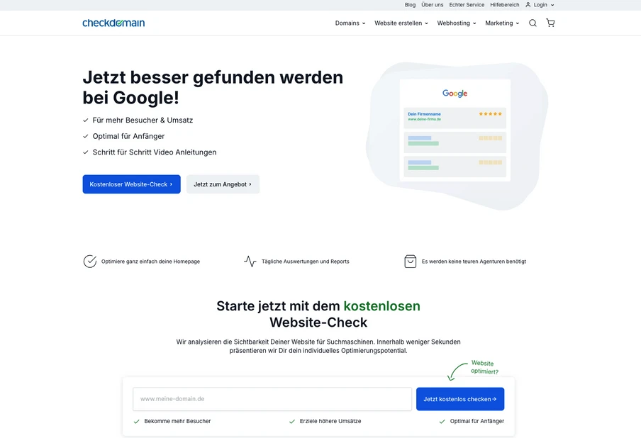 Landing-Page mit Überschrift Jetzt besser gefunden werden bei Google, rechts Suchergebnis-Illustration, dazu Formularbereich.