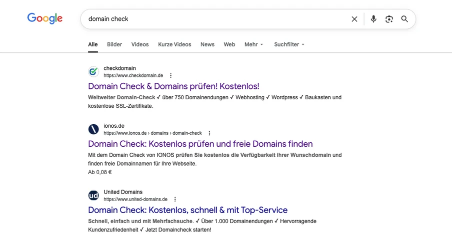 Screenshot einer Google-Suche mit dem Suchbegriff domain check und mehreren Suchergebnissen darunter.