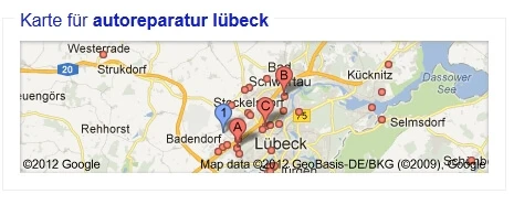 Google Places werden auf der Karte in den Suchergebnissen angezeigt