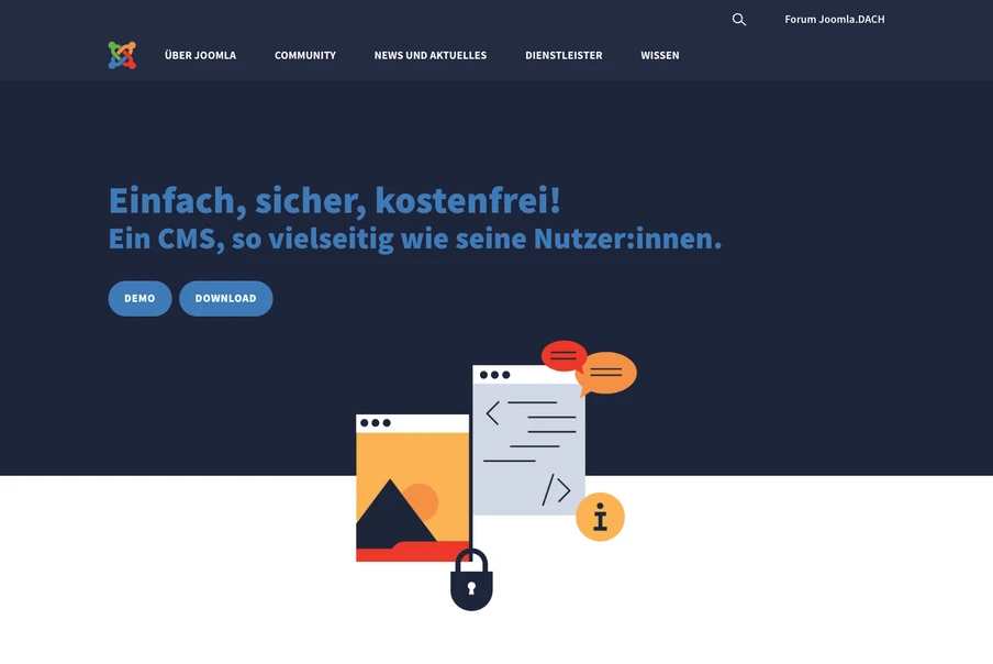 Joomla-Logo in Navbar, dunkler Hintergrund; Überschrift, Demo/Download; Illustration: Browserfenster, Dokument, Schloss.